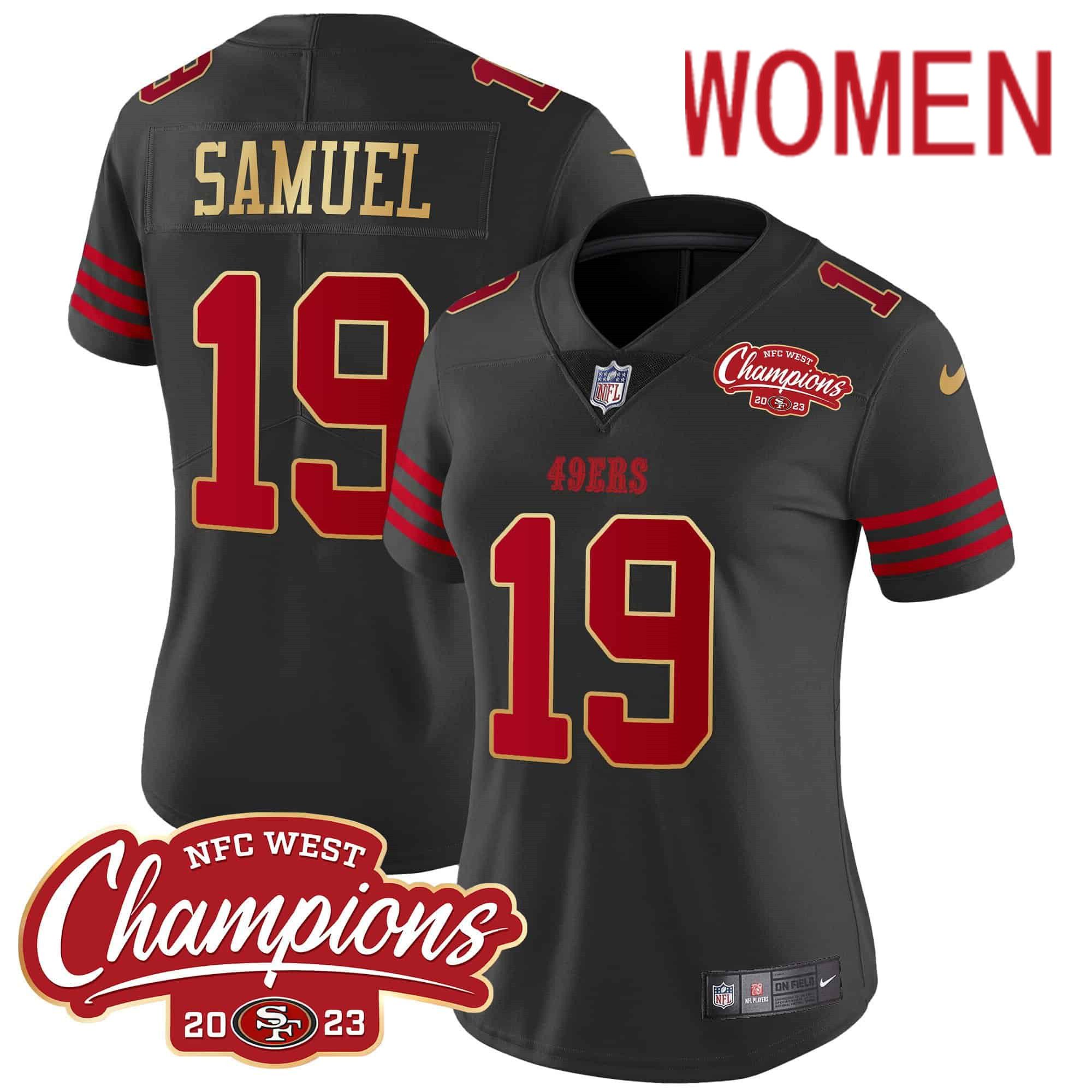 Women San Francisco 49ers 19 Samuel Black 2024 Nike NFC West Champions Gold Trim Vapor NFL Jersey style 1